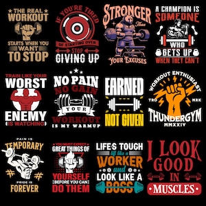 Peut inclure: Plusieurs graphiques sur le th&egrave;me du fitness sur fond noir. Chaque design pr&eacute;sente des citations de motivation et des illustrations de poids, de figures muscl&eacute;es et de poings. La palette de couleurs comprend le blanc, le rouge, l'orange et le turquoise.