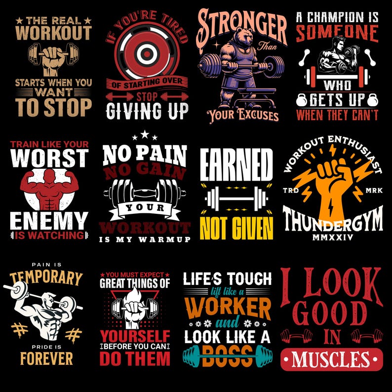 Peut inclure: Plusieurs graphiques sur le th&egrave;me du fitness sur fond noir. Chaque design pr&eacute;sente des citations de motivation et des illustrations de poids, de figures muscl&eacute;es et de poings. La palette de couleurs comprend le blanc, le rouge, l'orange et le turquoise.