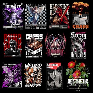 May include: A collection of graphic designs on black backgrounds. The designs feature various illustrations, including angels, cherubs, a chessboard, a teddy bear, and a man in a suit. Text elements include "Hustler," "Fallen," "Chess," and "Never Give Up."