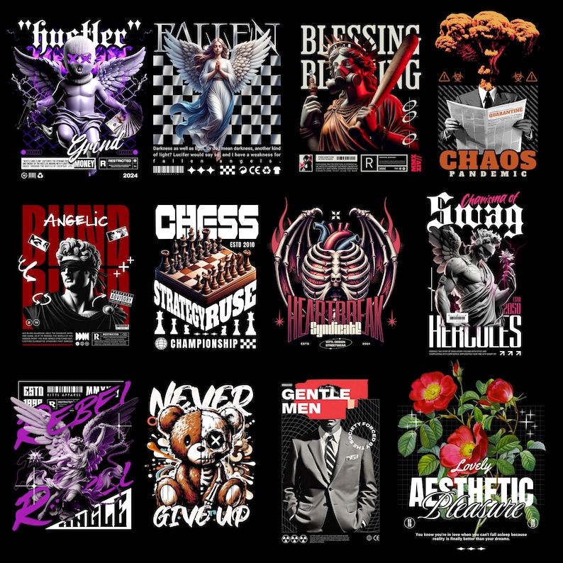 May include: A collection of graphic designs on black backgrounds. The designs feature various illustrations, including angels, cherubs, a chessboard, a teddy bear, and a man in a suit. Text elements include "Hustler," "Fallen," "Chess," and "Never Give Up."