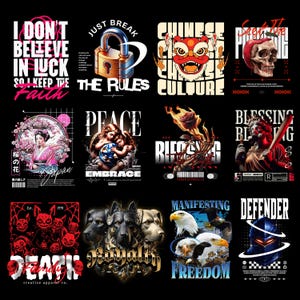 May include: Collection of graphic designs on a black background. Designs include text like "I don't believe in luck", a padlock, a Chinese dragon, a skull, a geisha, angels, a skeleton hand with a rose, a statue with a baseball bat, a group of dogs, eagles, and a helmet.