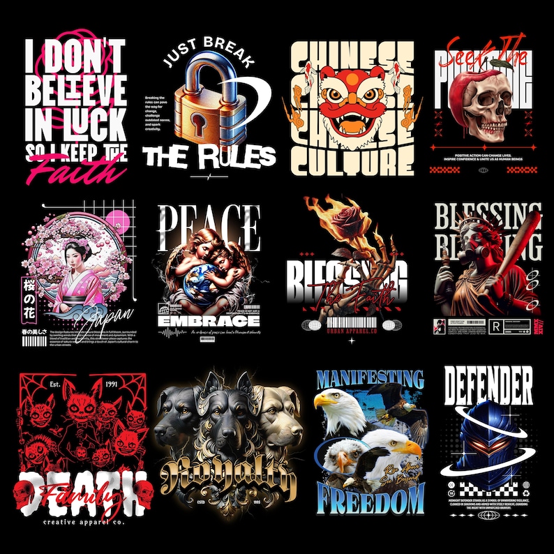 May include: Collection of graphic designs on a black background. Designs include text like "I don't believe in luck", a padlock, a Chinese dragon, a skull, a geisha, angels, a skeleton hand with a rose, a statue with a baseball bat, a group of dogs, eagles, and a helmet.