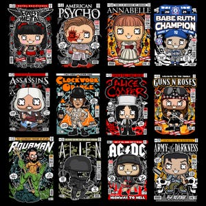 Op de afbeelding: Een verzameling stripboekcovers in pop-artstijl met verschillende personages en thema's. De covers bevatten "Baby Metal", "American Psycho", "Annabelle", "Babe Ruth Champion", "Assassin's", "Clockwork Orange", "Alice Cooper", "Guns N' Roses", "Aquaman", "Alien", "AC/DC" en "Army of Darkness".