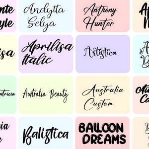 Puede incluir: Una cuadr&iacute;cula de diecis&eacute;is etiquetas rectangulares, cada una con un nombre diferente escrito en una fuente cursiva negra. Las etiquetas tienen fondos pastel en tonos de rosa, azul, amarillo y verde. El texto "BALLOON DREAMS" est&aacute; en negrita, con forma de burbuja.
