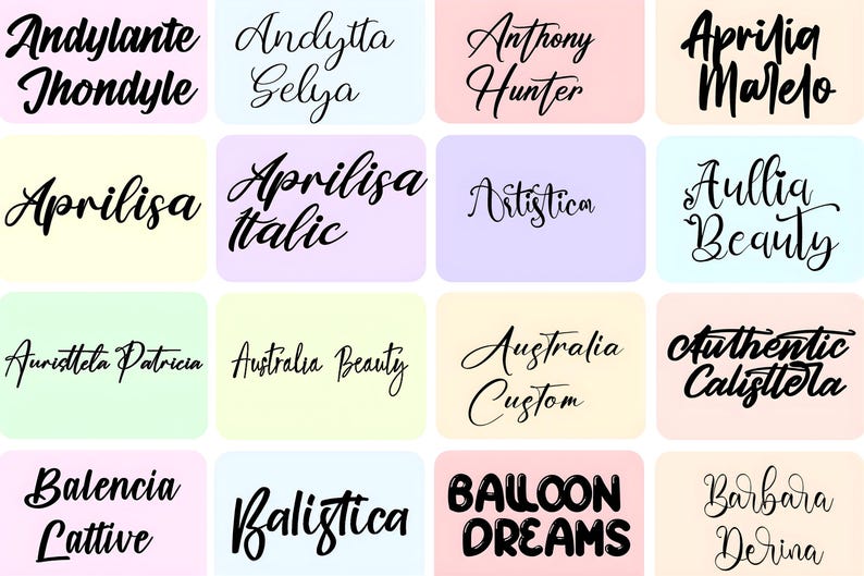 Puede incluir: Una cuadr&iacute;cula de diecis&eacute;is etiquetas rectangulares, cada una con un nombre diferente escrito en una fuente cursiva negra. Las etiquetas tienen fondos pastel en tonos de rosa, azul, amarillo y verde. El texto "BALLOON DREAMS" est&aacute; en negrita, con forma de burbuja.