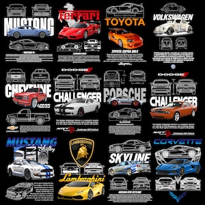 Peut inclure: Une affiche noire présentant des illustrations de différents modèles de voitures, dont une Mustang bleue, une Ferrari rouge et une Toyota Supra orange. Chaque voiture est accompagnée de son nom et de schémas techniques.
