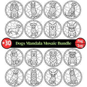Hundmosaik SVG-paket, valpmosaikkonst, hundraser mosaik PNG Clipart, målat glashundar Mandala cirklar en linjekonstdesign, kommersiellt bruk