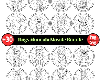 Dog Mosaic SVG Bundle, Puppy Mosaic Art,Dog Breeds Mosaic PNG Clipart, Stained Glass Dogs Mandala Circles an Line Art Design,Commercial Use