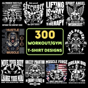 Peut inclure: Plusieurs motifs graphiques en noir et blanc pour t-shirts d'entra&icirc;nement et de gym. Les motifs pr&eacute;sentent des figures muscl&eacute;es soulevant des poids, du texte de motivation et des illustrations d'un gorille, d'un ours et de Zeus. Le texte "300 Workout/Gym T-Shirt Designs" est &eacute;galement pr&eacute;sent.