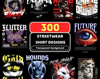 300 Streetwear-PNG-Dateien, T-Shirt-Design-Paket, T-Shirt-Druckdesign, Hip-Hop-Digital-Download, T-Shirt-Pod-Designpaket, Trendige urbane PNGs