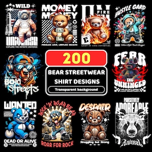 200+ Bear Streetwear T-Shirt Designs - Perfect Urban Hip Hop Teddy Bear Designs in PNG Format Streetwear Bundle