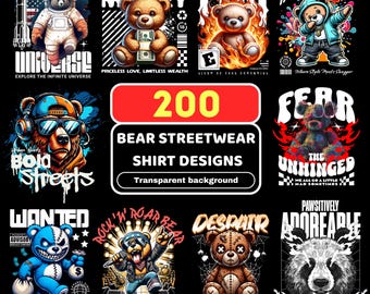 Über 200 Bären-Streetwear-T-Shirt-Designs – Perfekte urbane Hip-Hop-Teddybär-Designs im PNG-Format (Streetwear-Bundle)