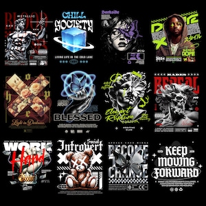 May include: A collection of graphic designs on a black background. The designs feature various themes, including a statue, a cube, a woman with a butterfly, a person in a hoodie, a cross with roses, a hand holding a butterfly, a bust, a skull, a hand with money, a teddy bear, a butterfly, and text.