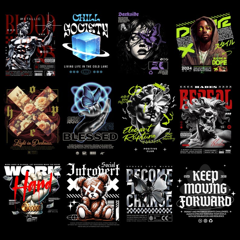 May include: A collection of graphic designs on a black background. The designs feature various themes, including a statue, a cube, a woman with a butterfly, a person in a hoodie, a cross with roses, a hand holding a butterfly, a bust, a skull, a hand with money, a teddy bear, a butterfly, and text.