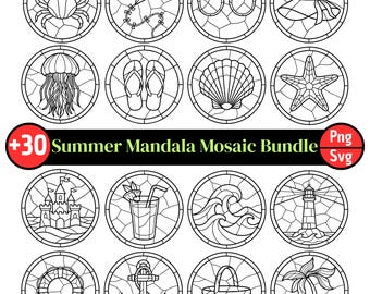 Summer Mosaic SVG Bundle, Beach Mandala SVG PNG, Stained Glass Summer Clipart, Ocean Nautical Line Art Circles, Cricut Cut Files