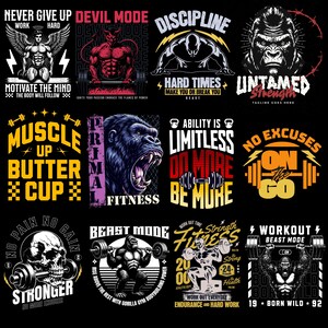 Peut inclure: Ensemble de graphismes sur les th&egrave;mes du fitness et de l'entra&icirc;nement. Les motifs comprennent des illustrations d'un ange muscl&eacute;, d'un diable soulevant des poids, d'un gorille et des textes motivants tels que "Never Give Up" et "Beast Mode".