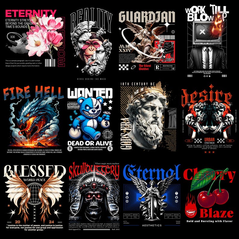 May include: A collection of graphic designs on black backgrounds. Designs include a floral arrangement, a statue, an angel, a television with flames, a dragon, a teddy bear, a bust, a skull, and cherries. Text includes "Eternity", "Reality", "Guardian", "Fire Hell", "Wanted", "Blessed", and "Blaze".