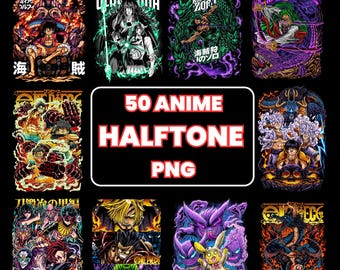 50 Anime Halftone PNG bundle| Anime png | 300 DPI Transparent Clipart | Blackout DTF