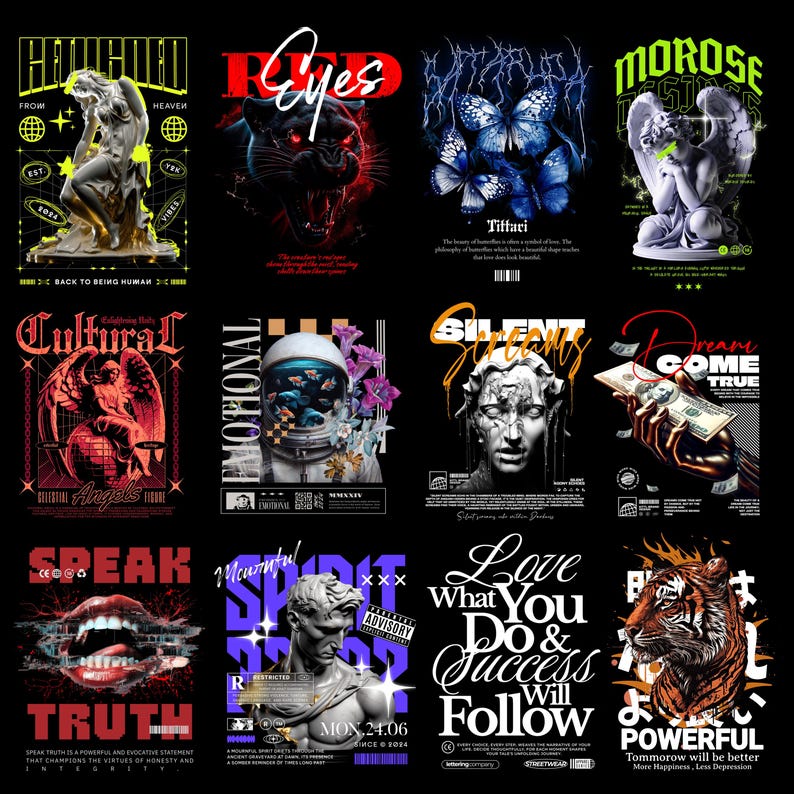 May include: A collection of graphic designs on black backgrounds. Designs include a statue, a panther with red eyes, blue butterflies, an angel, an astronaut, a face, a hand holding money, a mouth, a statue, and a tiger.