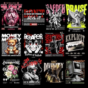 May include: A collection of graphic designs on a black background. The designs feature angels, teddy bears, anime-style characters, and classical statues, with text like "Silence," "Money," and "Explicit Statement." The color palette includes red, white, and black.
