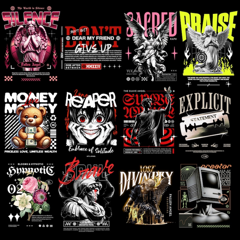 May include: A collection of graphic designs on a black background. The designs feature angels, teddy bears, anime-style characters, and classical statues, with text like "Silence," "Money," and "Explicit Statement." The color palette includes red, white, and black.