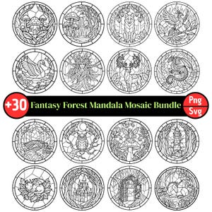 Può includere: Una collezione digitale di 16 illustrazioni circolari in bianco e nero con temi di foreste fantastiche come funghi, animali e castelli. Il testo centrale recita +30 Fantasy Forest Mandala Mosaic Bundle Png Svg.