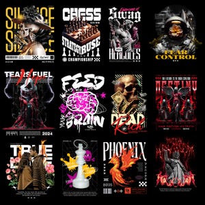 May include: A collection of twelve graphic designs on black backgrounds. Each design features bold text and illustrations, including a chess set, a skull with money, a phoenix, and an astronaut. The designs use a variety of fonts and colors.