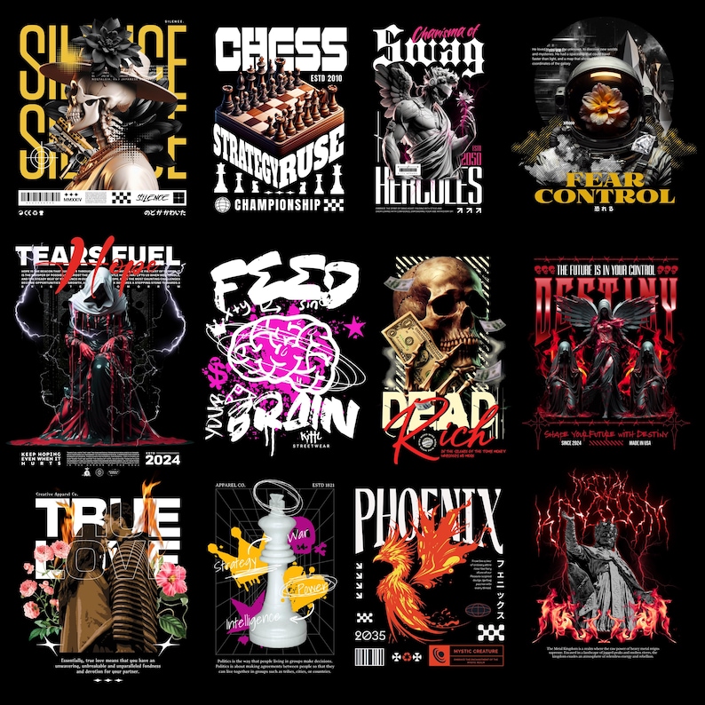 May include: A collection of twelve graphic designs on black backgrounds. Each design features bold text and illustrations, including a chess set, a skull with money, a phoenix, and an astronaut. The designs use a variety of fonts and colors.