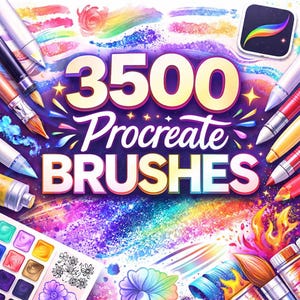 Puede incluir: Una vibrante ilustración de arte digital con el texto "3500 Procreate BRUSHES" en un diseño colorido. La imagen incluye pinceles, bolígrafos y una paleta de acuarelas, con un arcoíris de colores y salpicaduras de pintura.