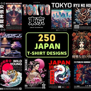 250種類以上の日本のTシャツデザインPNGバンドル | 侍、鯉、芸者、相撲、刀 | POD向け日本文化ストリートウェアクリップアート