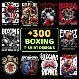 Puede incluir: Una colección de diseños de camisetas con temática de boxeo. Los diseños presentan guantes de boxeo, calaveras y boxeadores en acción. El texto incluye "Boxing is my passion", "Fight with heart, win with skill" y "+300 Boxing T-Shirt Designs".