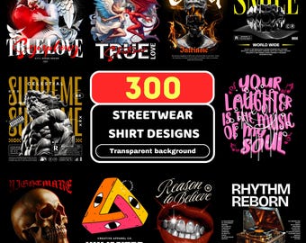 300 Streetwear-PNG-Dateien, T-Shirt-Design-Paket, T-Shirt-Druckdesign, Hip-Hop-Digital-Download, T-Shirt-Pod-Designpaket, Trendige urbane PNGs