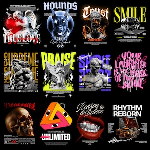 May include: A collection of graphic designs on black backgrounds. Designs include angel statues, a skull, a dog, and text such as "TRUE LOVE", "HOUNDS", "SMILE", and "NIGHTMARE". The designs feature various fonts and colors.