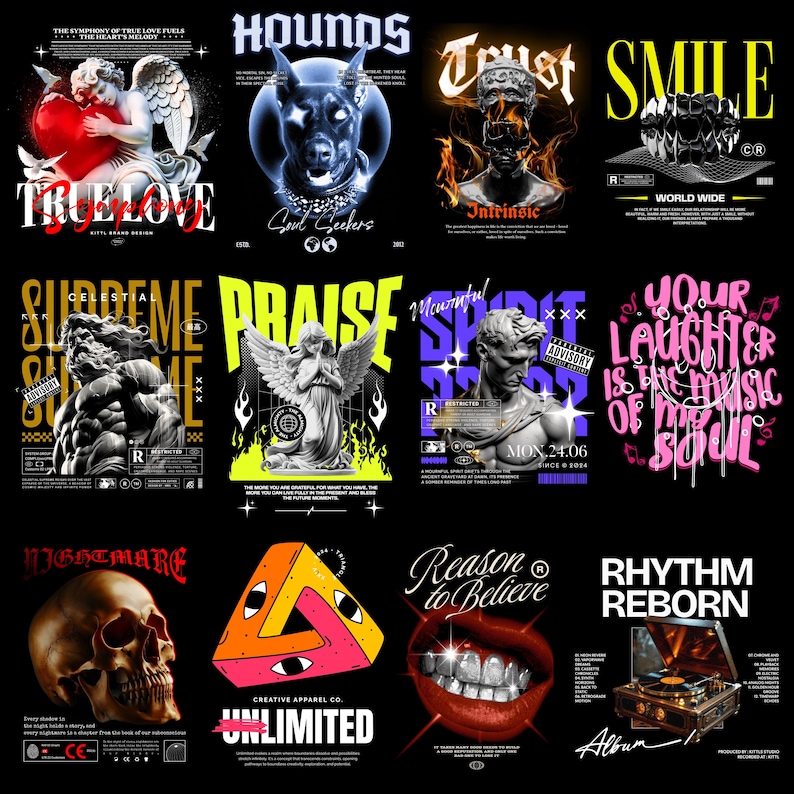 May include: A collection of graphic designs on black backgrounds. Designs include angel statues, a skull, a dog, and text such as "TRUE LOVE", "HOUNDS", "SMILE", and "NIGHTMARE". The designs feature various fonts and colors.