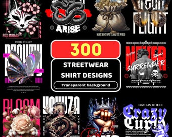 300 Streetwear-PNG-Dateien, T-Shirt-Design-Paket, T-Shirt-Druckdesign, Hip-Hop-Digital-Download, T-Shirt-Pod-Designpaket, Trendige urbane PNGs