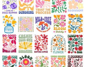 200+ Boho-Blumen-SVG-PNG-Bundle, Retro-Blumen-Cliparts (Digitaler Download)