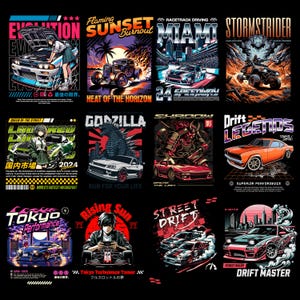 May include: Collection of graphic t-shirt designs featuring cars and Japanese-inspired themes. Designs include cars with text like "Evolution", "Flaming Sunset Burnout", "Miami", "Stormstrider", "Godzilla", and "Drift Legends".