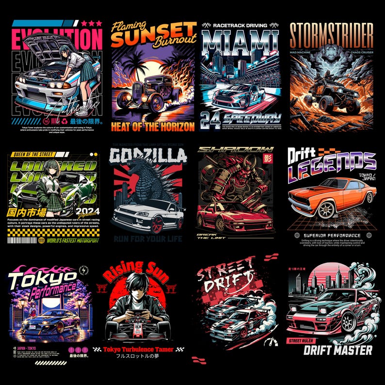 May include: Collection of graphic t-shirt designs featuring cars and Japanese-inspired themes. Designs include cars with text like "Evolution", "Flaming Sunset Burnout", "Miami", "Stormstrider", "Godzilla", and "Drift Legends".