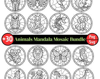 Animal Mosaic SVG Bundle, Wildlife Mandala SVG PNG, Stained Glass Animal Clipart, Safari Jungle Line Art Circles, Cricut Cut Files