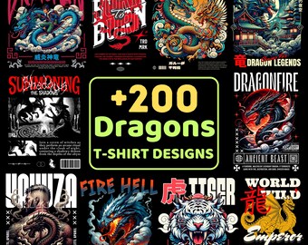 200+ Dragons & Samurai T-Shirt Design Bundle: Streetwear, Urban, and Graphic Shirt Designs