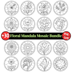 Peut inclure: Une collection de motifs de mosaïque de mandala floral en noir et blanc. Chaque motif est une illustration circulaire de style vitrail d'une fleur différente, dont un hibiscus, un papillon, un lys et une rose. Le texte "+30 Floral Mandala Mosaic Bundle" est inclus.