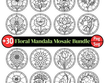 Floral Mandala Mosaic Bundle SVG, Round Stained Glass Designs, Flower Mandala PNG, Mexican Tile art, Laser Cutting, Floral Mosaic Patterns