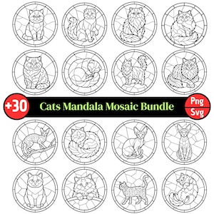 May include: A collection of black and white cat illustrations in a stained glass style. Each cat is within a circular frame, with a variety of breeds and poses. The text "+30 Cats Mandala Mosaic Bundle" is also present.