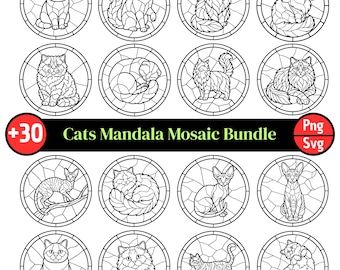 30+ Cats Mandala Mosaic Bundle SVG PNG | Stained Glass Cat Coloring Pages | Printable | Cricut Laser Cut Files | Digital Download
