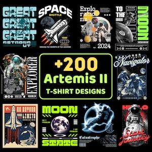 Op de afbeelding: Een verzameling grafische t-shirtontwerpen met ruimte- en astronautenthema's. Ontwerpen omvatten een spaceshuttle, astronauten, planeten en tekst zoals "Great Astronaut", "Artemis II" en "Go Beyond Your Limits". Het kleurenpalet omvat zwart, wit, blauw en oranje.