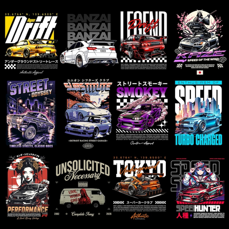 May include: A collection of graphic designs featuring stylized cars with bold text. Designs include a yellow car with "Drift", a white car with "Banzai", and a red car with "Legend". Other designs feature "Street Odyssey", "Substitute", and "Smokey".