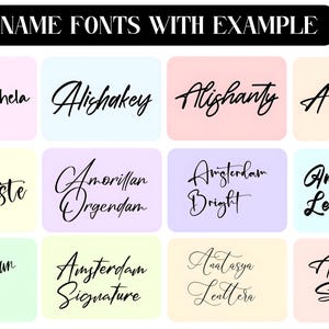 Puede incluir: Gr&aacute;fico que muestra varias fuentes de nombres con ejemplos. El texto "NAME FONTS WITH EXAMPLE" est&aacute; en la parte superior. Cada fuente se muestra con un nombre en un estilo diferente, como "Alisha Gishela" y "Alishakey".