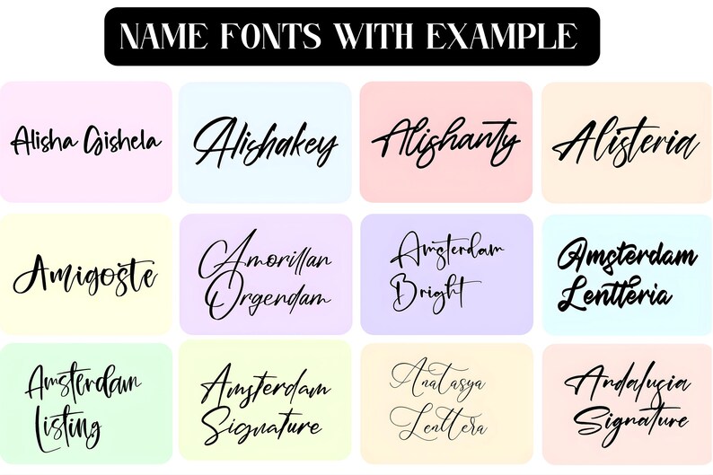 Puede incluir: Gr&aacute;fico que muestra varias fuentes de nombres con ejemplos. El texto "NAME FONTS WITH EXAMPLE" est&aacute; en la parte superior. Cada fuente se muestra con un nombre en un estilo diferente, como "Alisha Gishela" y "Alishakey".