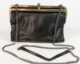 Vintage Hobo International Leather Kisslock Clutch Wallet Crossbody Chain Purse
