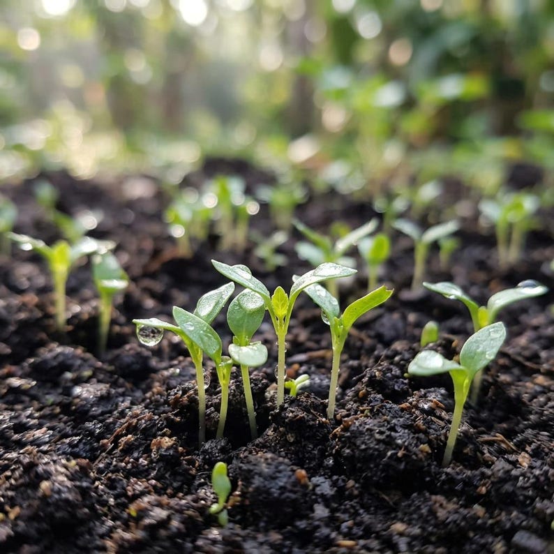 May include: Small green seedlings emerging from dark, moist soil. Each tiny plant features delicate, rounded leaves with visible water droplets resting on their surfaces, reflecting light in a natural, outdoor garden environment.
